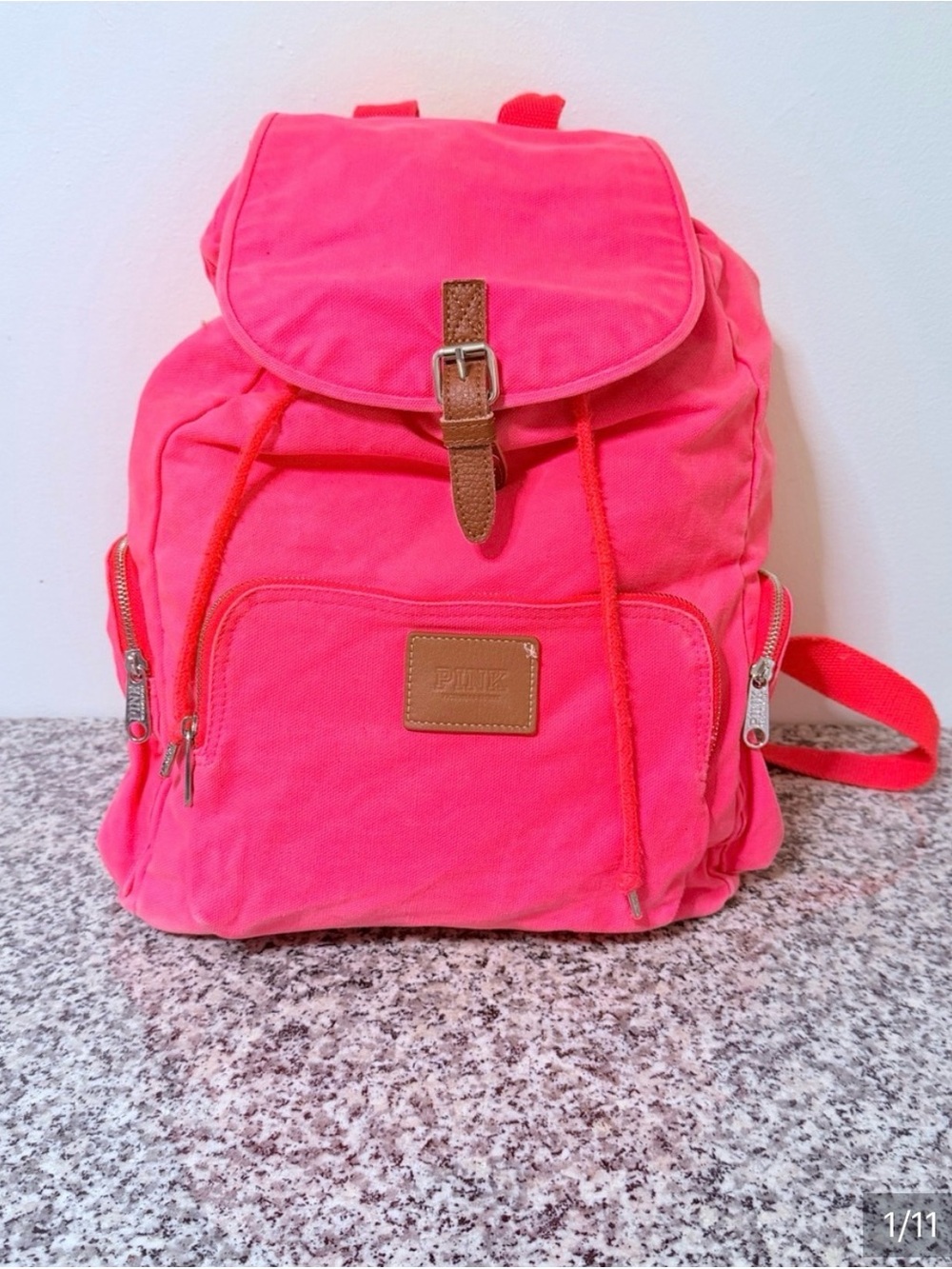 PINK Victoria's Secret Hot Pink Canvas Backpack with Brown Trim